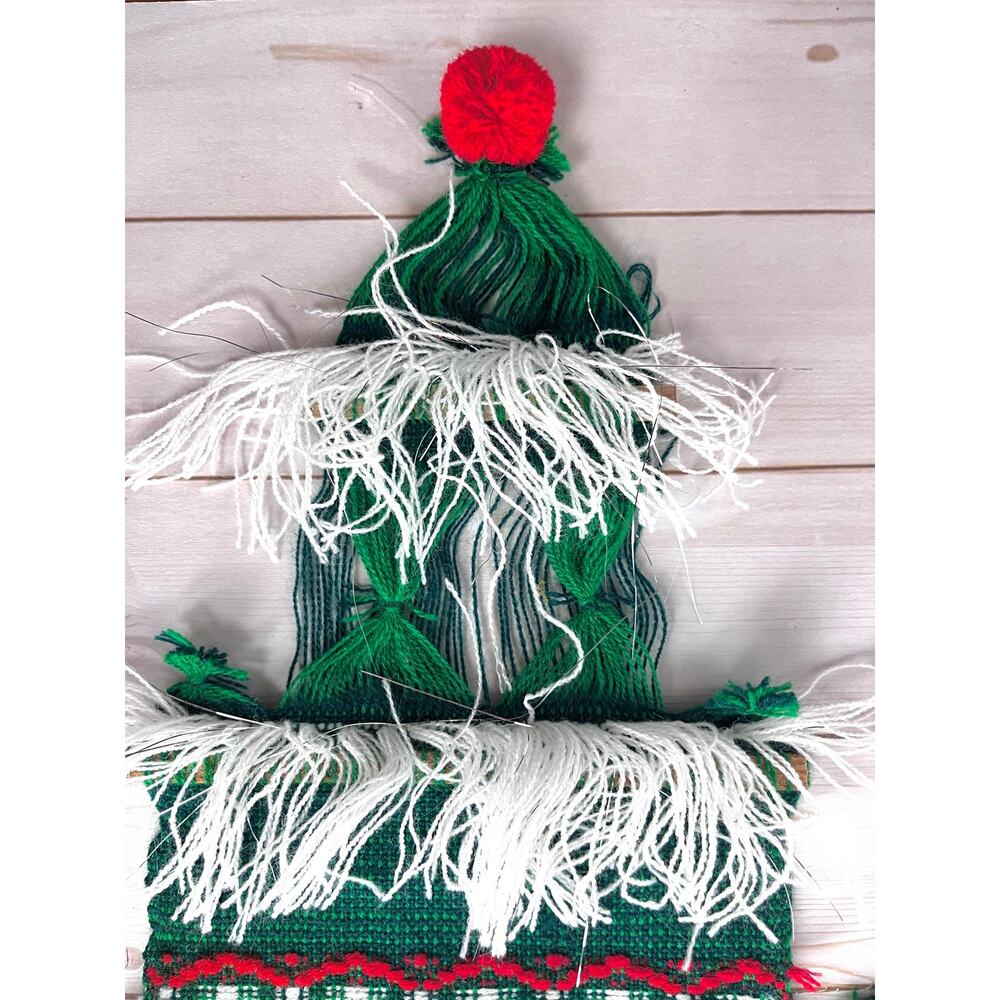 Vintage 1970s Textile Fiber Christmas Tree Wall Hanging Fringe Tinsel Pom Poms - Picture 2 of 9